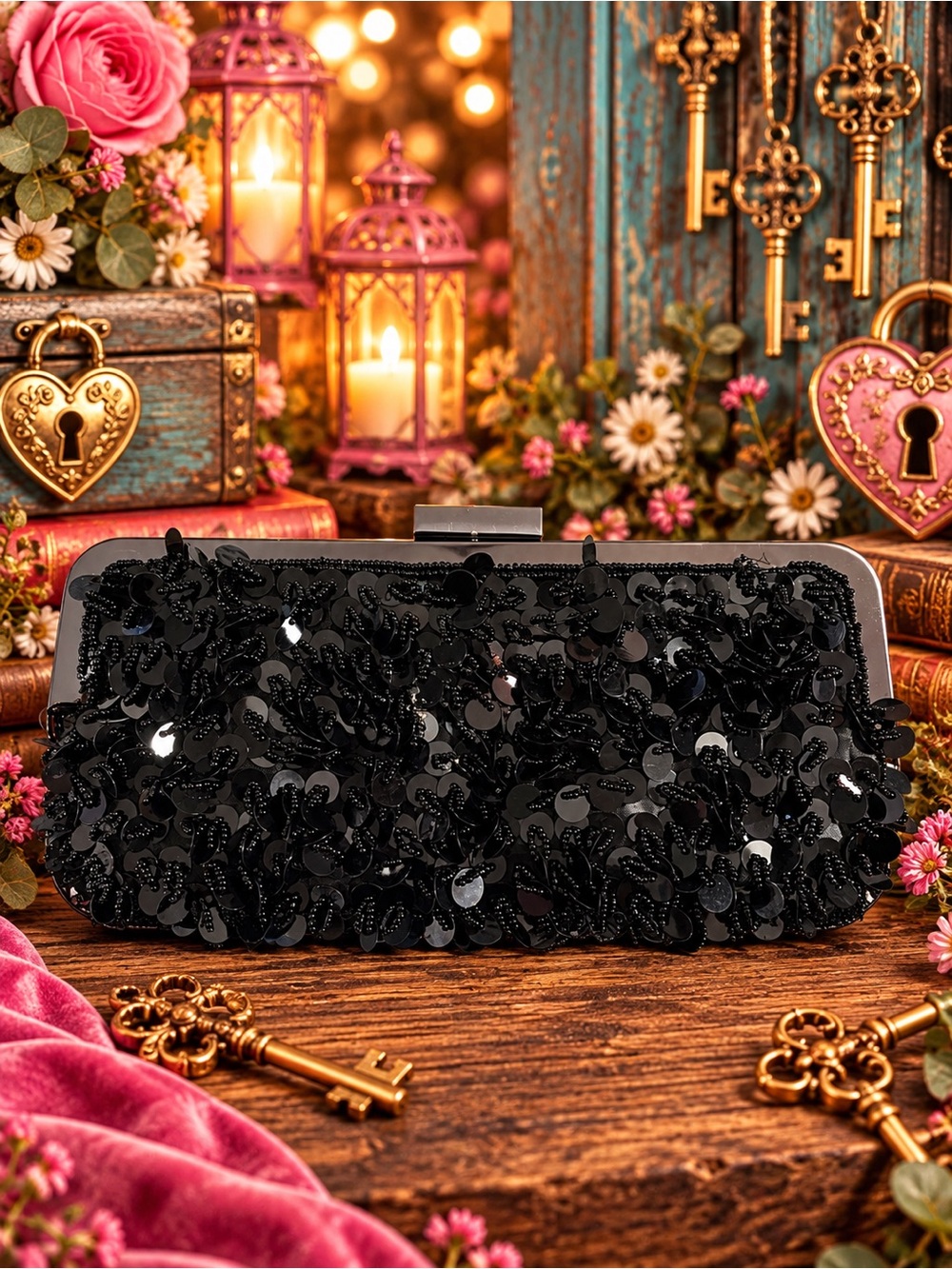 New York & Co Black Sequin Evening Clutch